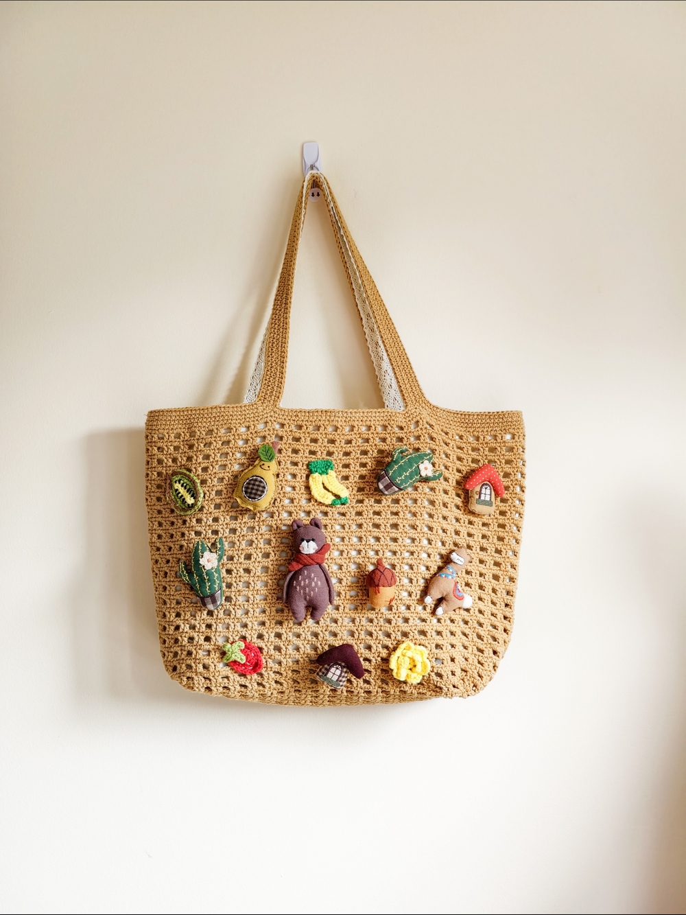 Handmade Crochet Tote Bag in Tan with Colorful Appliqués